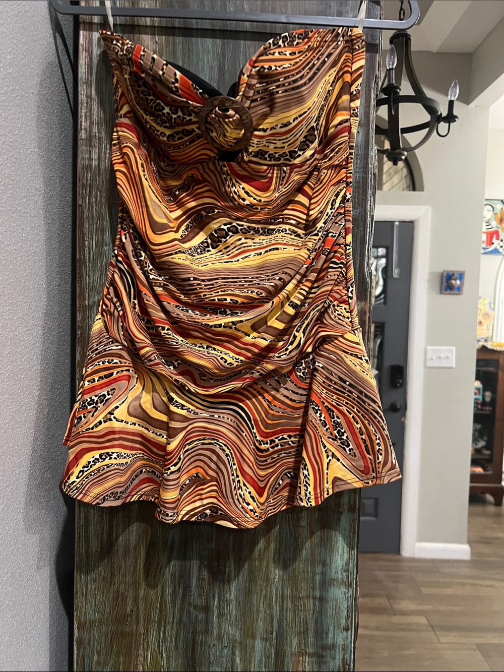 Swirled Animal Print Multi-Color Strapless Swim Dress with Buckle Detail